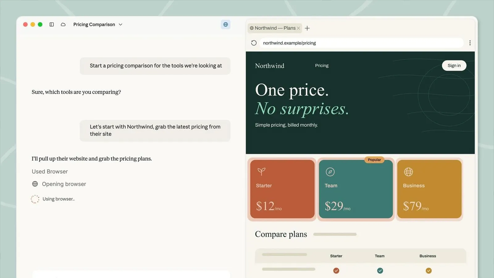 Claudeデスクトップアプリの画面。左にCoworkの会話、右のサイドパネルに料金ページを開いた組み込みブラウザが並んでいる